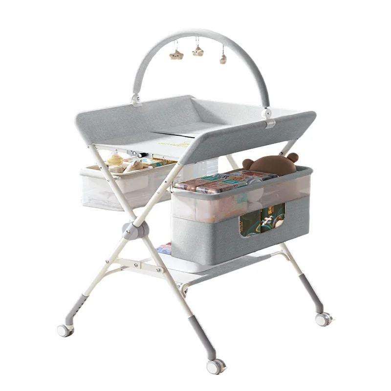 baby-changing-table-foldable-sturdy-height-adjustable-96–104-cm-multifunctional-with-side-storage-basket-wheels-toy-rack