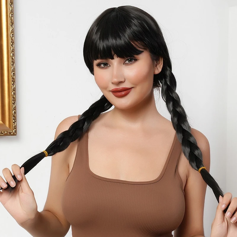 テレビドラマ水曜日コスプレ帽子ダブル三つ編みパーティー女性ドレスアップストレート前髪ロングヘア水曜日アダムスキャラクターウィッグ