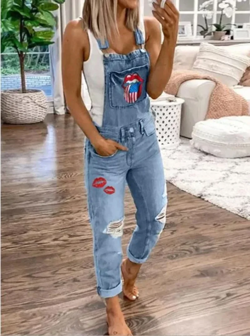 Women Overalls Jeans Multi-pocket Denim Bib Jumpsuit Fashiuon Ripped New Mouth Flag Female Casual Streetwear Long Pants