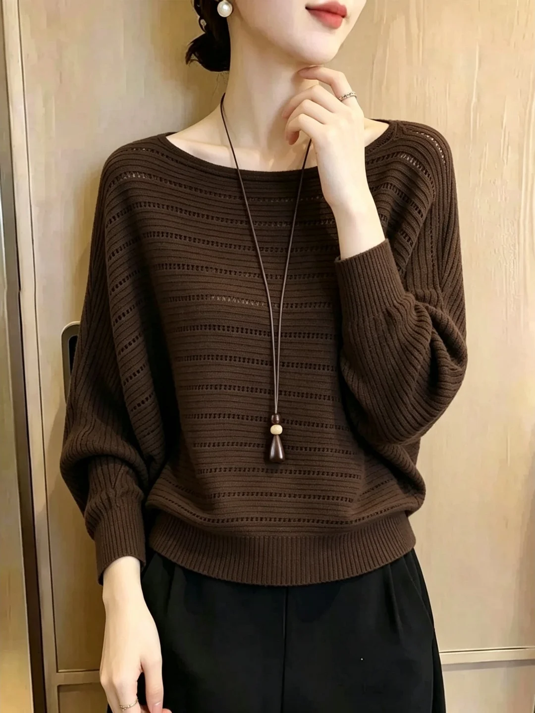 Loose Long Sleeve Knitted Sweater Women's Fashionable Versatile Casual Style Hollow out Shoulder Design Autumn New Arrival