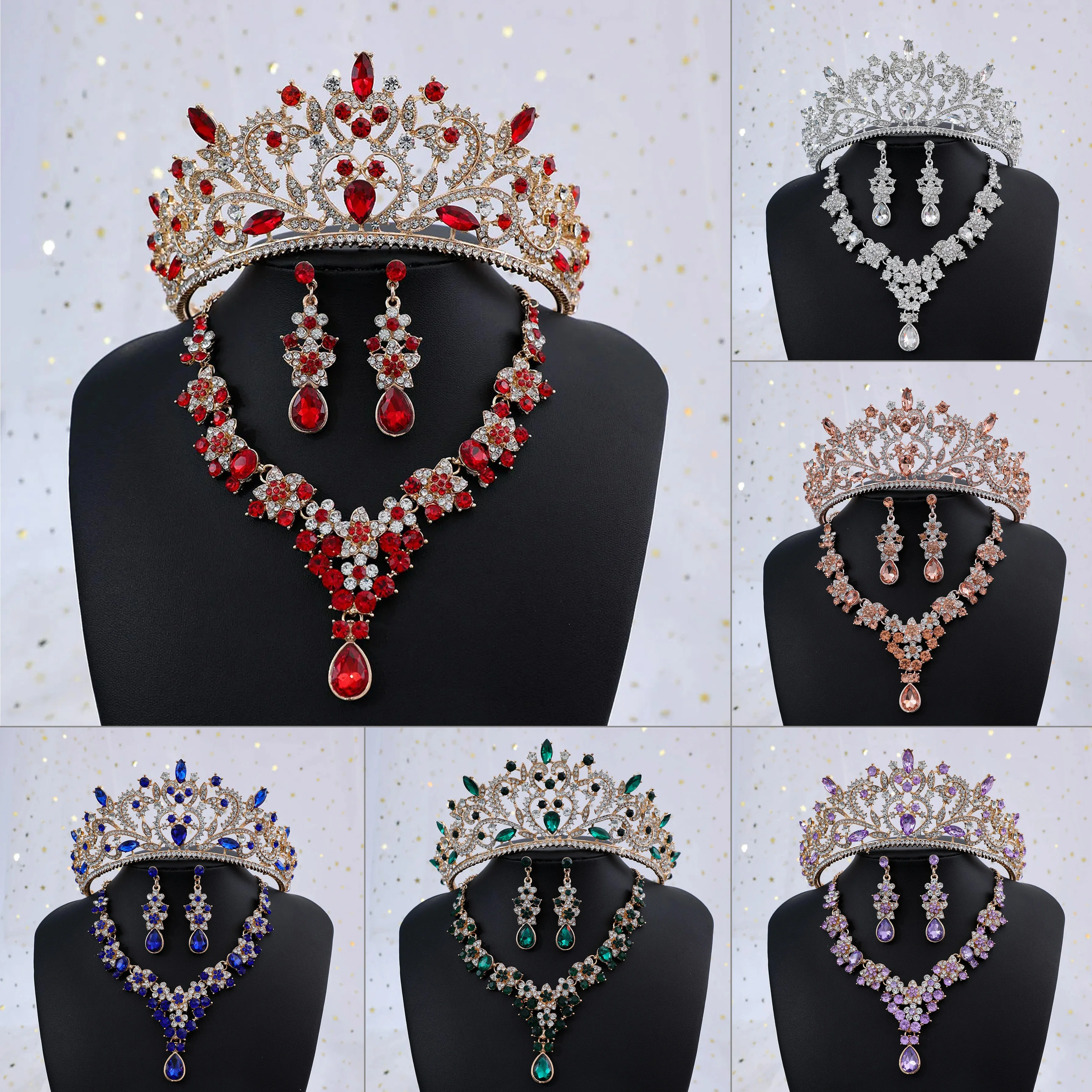 Fashion Princess Crown Bride Jewelry Set for Women Wedding Crystal Rhinestone Crown Necklace Earring Set Bridal Hair Accessories