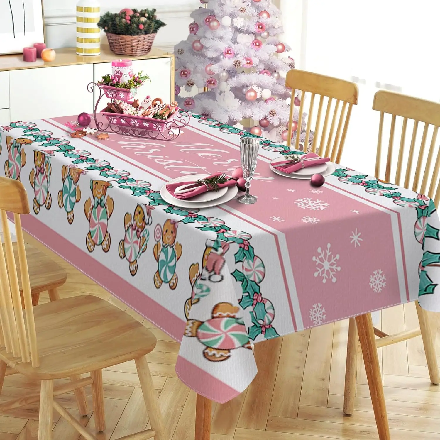 Christmas Gingerbread Snowflake Waterproof Tablecloth Table Decor Winter Xmas Kitchen Dining Tablecloth Christmas Decorations