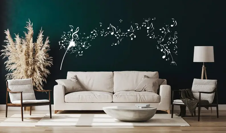 Dandelion Wall Decal Bedroom- Music Note Wall Decal Dandelion Wall Art Flower Decals Bedroom Living Room Home Decor Interior Des