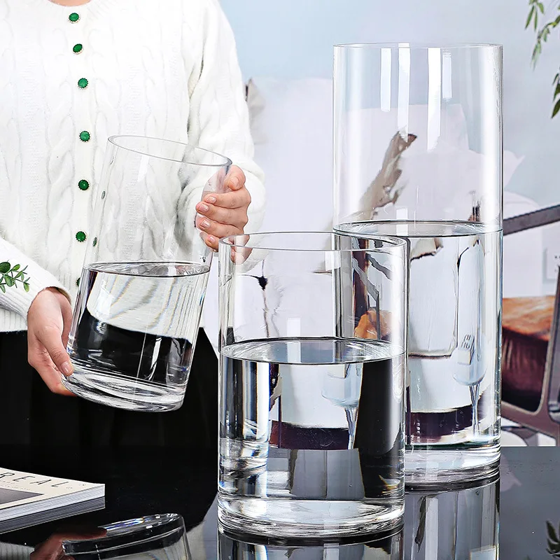 Large Diameter Glass Flower Vase Transparent Standing Living Room Artemisia Flower Pot Bamboo Container Floor Standing