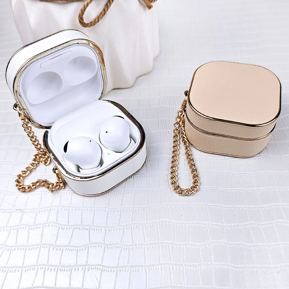 

Роскошный кожаный чехол для наушников с текстурой личи для Samsung Galaxy Buds2 Pro/ Live/ FE, металлическая цепочка с беспроводной зарядкой, чехол для наушников