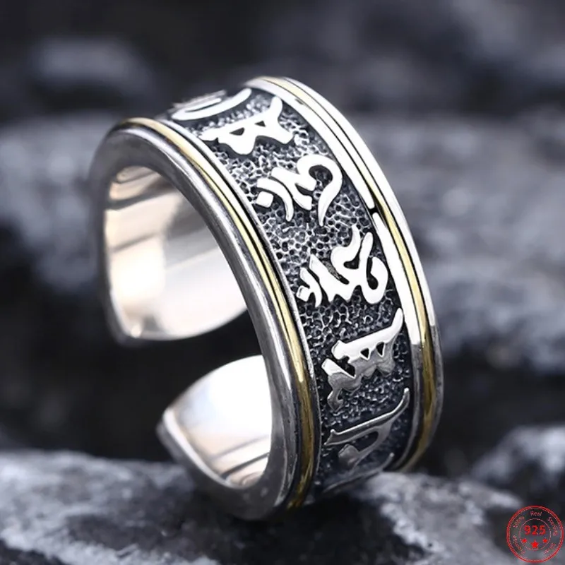 

S925 Sterling Silver Rings for Men Women Genuine New Fashion Vintage Wide Gold Sideline Six Character Truth Argentum Jewelry