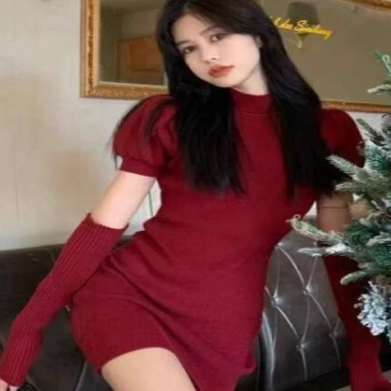 Kawaii Girl Fashion Tops Sexy Midi Skirt 2025 New French Knit Sweater Dress Women Autumn Winter Pure Desire Bodycon Short Skirt