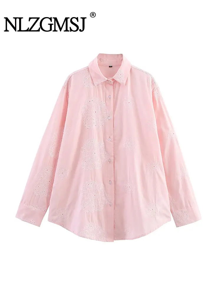 

2025 Spring Casual Women Blouse Solid Single Breasted Long Sleeve Embroidery Loose Blouse Fashion Holiday Shirts