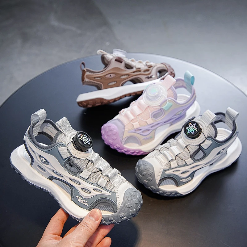 

Летние сандалии из искусственной кожи для мальчиков и девочек, дышащие детские спортивные сандалии с вырезами, детские прогулочные сандалии на шнуровке, однотонные