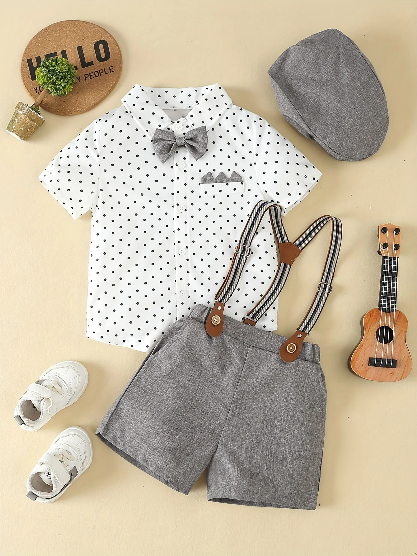 Boys Summer Party Gentleman Dress Three Piece Set, Bow Dot Short sleeved Shirt+Strap Grey Shorts+Hat