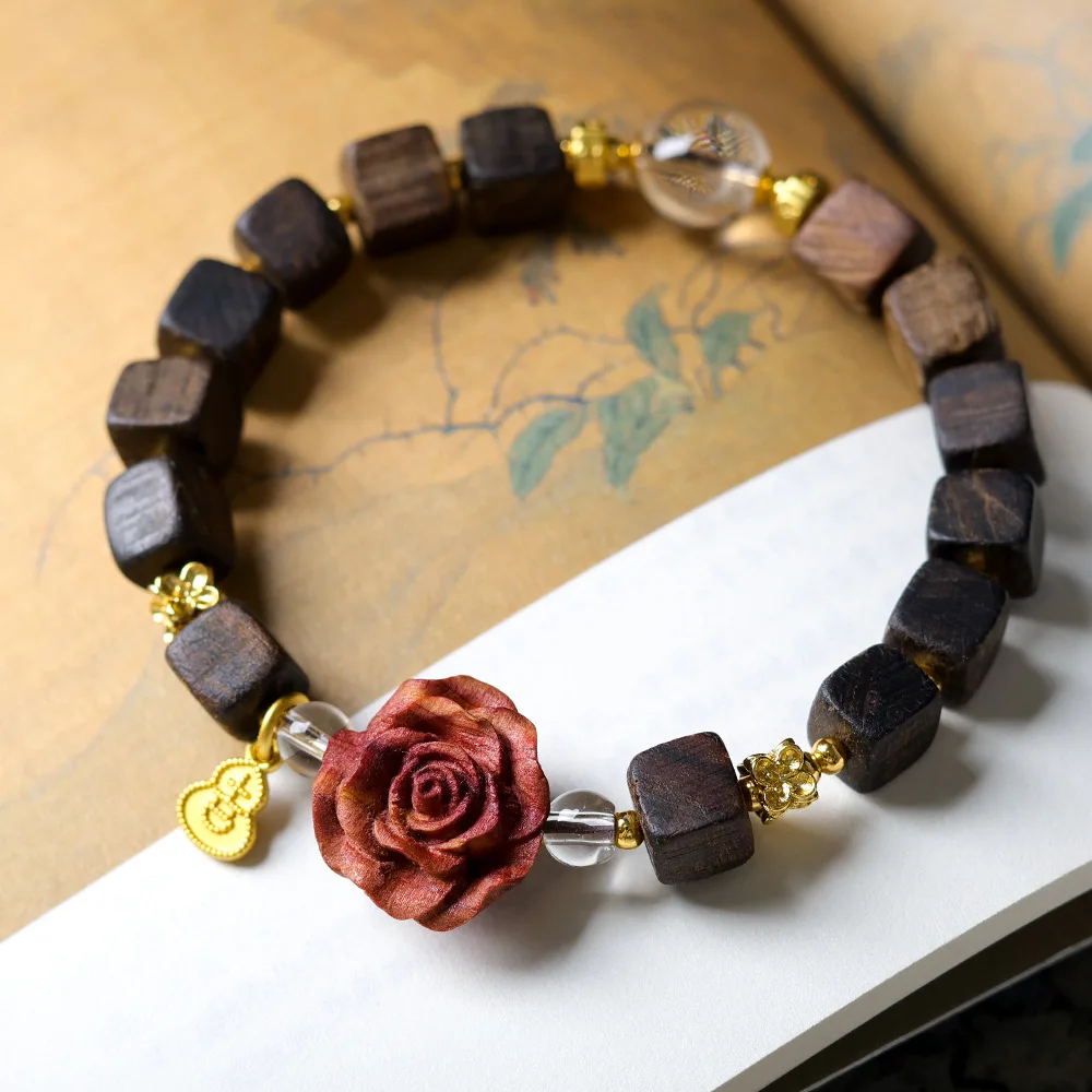 

Original Design Daraqan Square Bead Agarwood Bracelet Antique BloodCypress Wood Rose Pattern Natural White Crystal Bead Bracelet