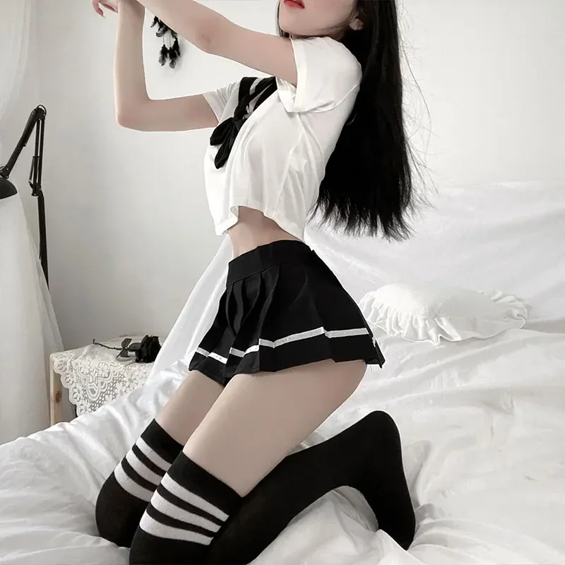 School Girl Cosplay Student JK Uniform Porn Costume Women Sexy Lingerie Crop Tops with Pleated Skirt Panties Set Role Play