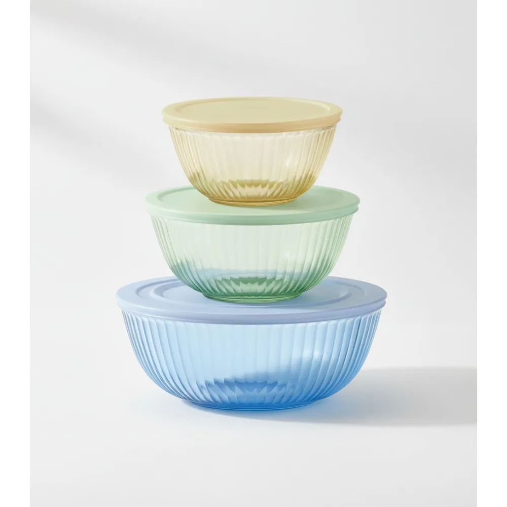 

Набор из 3 тонированных стеклянных мисок для смешивания с крышками, набор для экономии места вложенности для выпечки и приготовления пищи