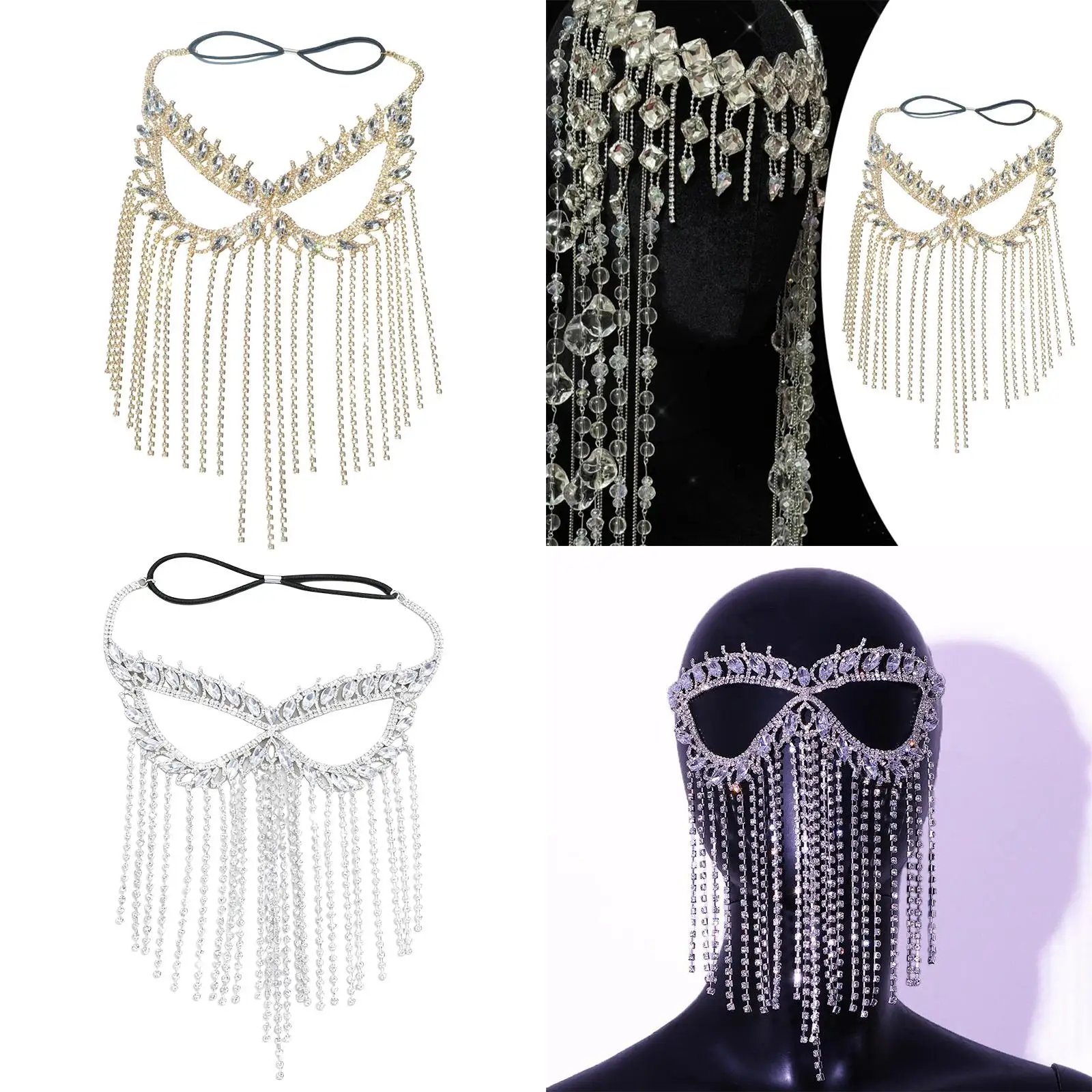 Rhinestone Tassel Veil Mask Fashion Dress up Shining Eye Face Chains Mask Face Jewelry for Women for Party Halloween Masquerade