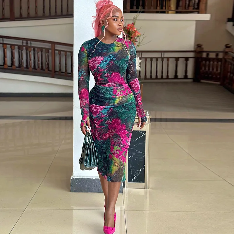 Fashionable Personality Women's Clothing Elegant Printed Bodycon One-Step Dress Round Neck Long Sleeve Slim Long Dress