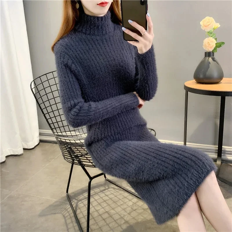 

Women 2023 autumn and winter Knit Sweater Pullover Dress New Female Fashion faux mink fleece sweater Dresses Slim Casual