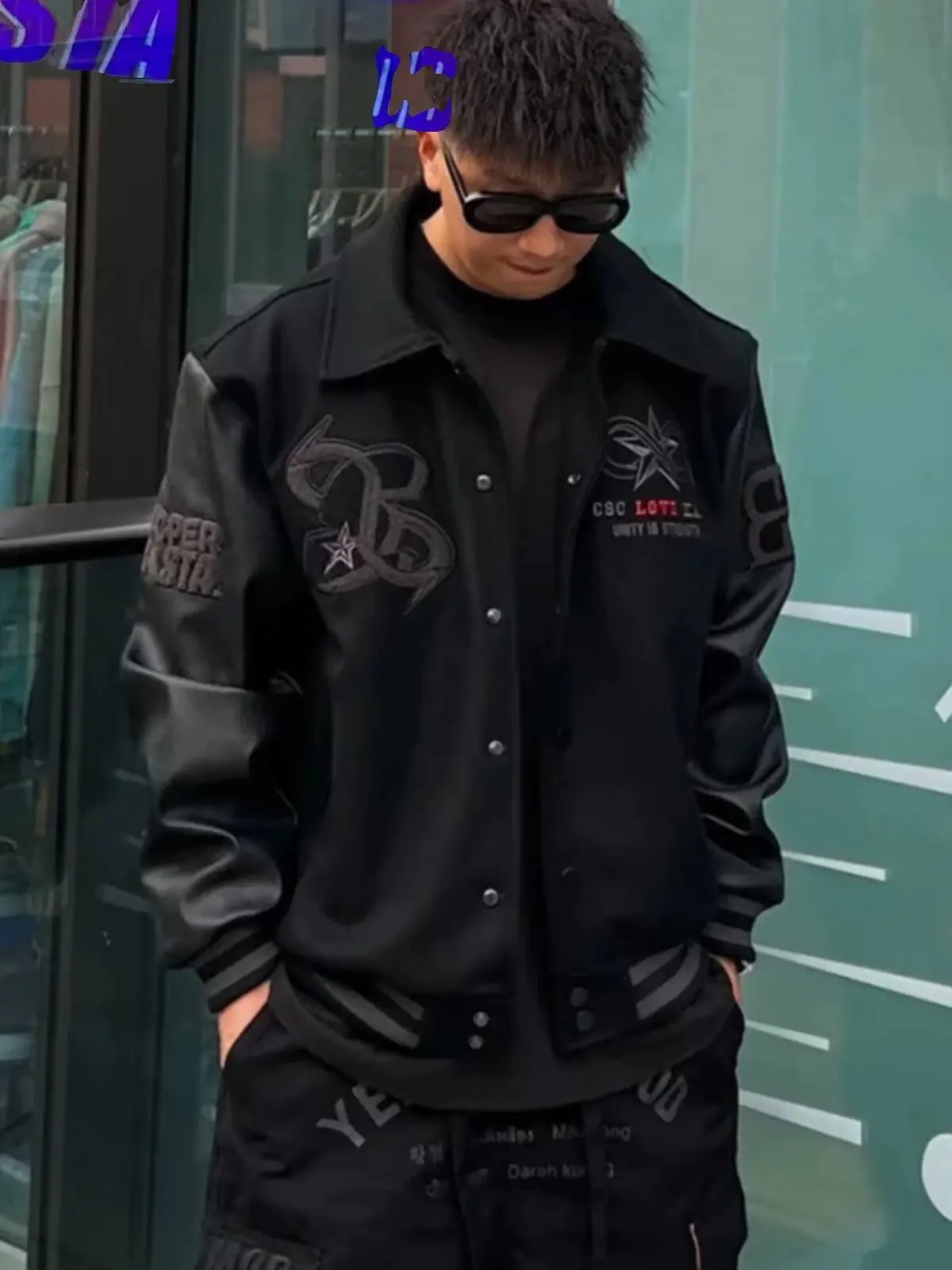 European and American Fashion Y2K Hip Hop Letter Embroidered PU Leather Jackets Couple Loose Leather Jackets Streetwear Men view 5