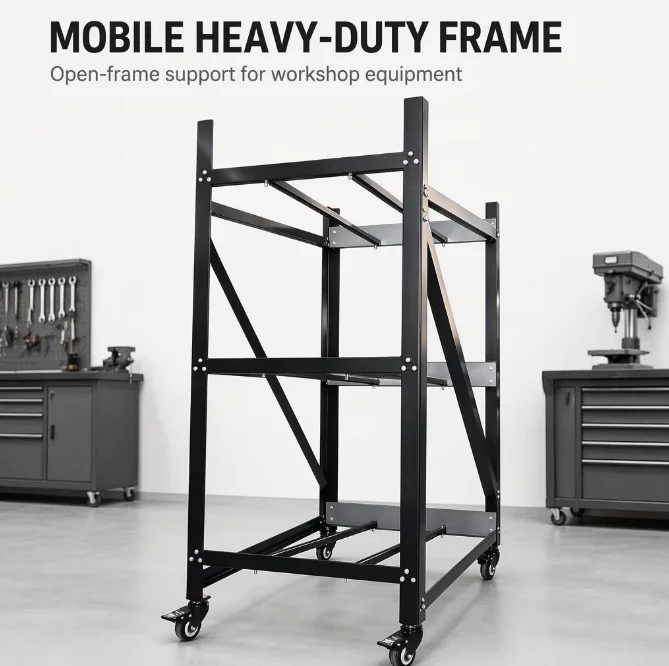 a forMobile Industrial Metal Storage Rack With Lockable Casters, Heavy Duty Rolling Workshop Equipment Stand, Custom Size Powder
