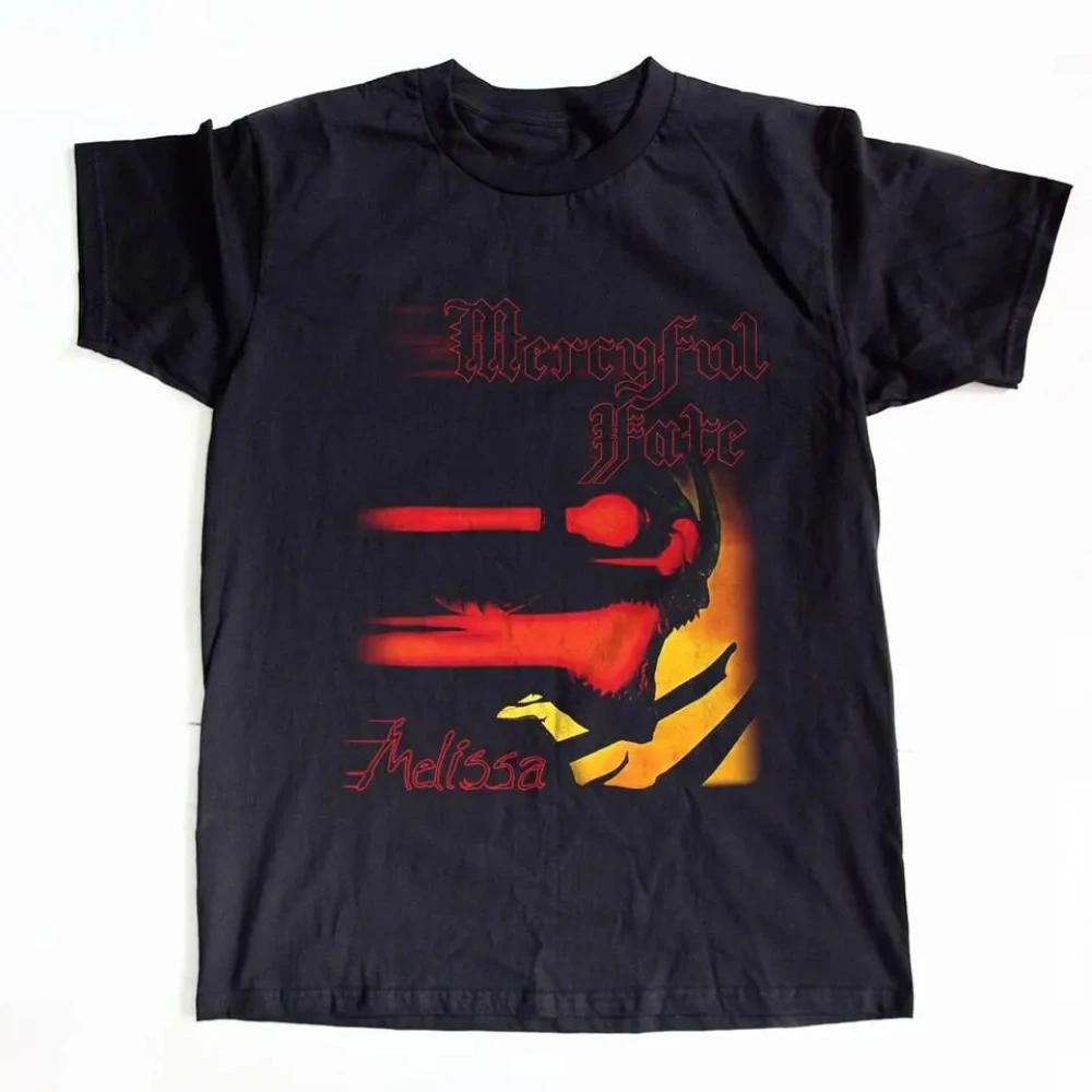 Camiseta unissex preta de algodão puro, modelo casual e solto, estilo streetwear, para casais, do álbum Mercyful Fate Melissa.