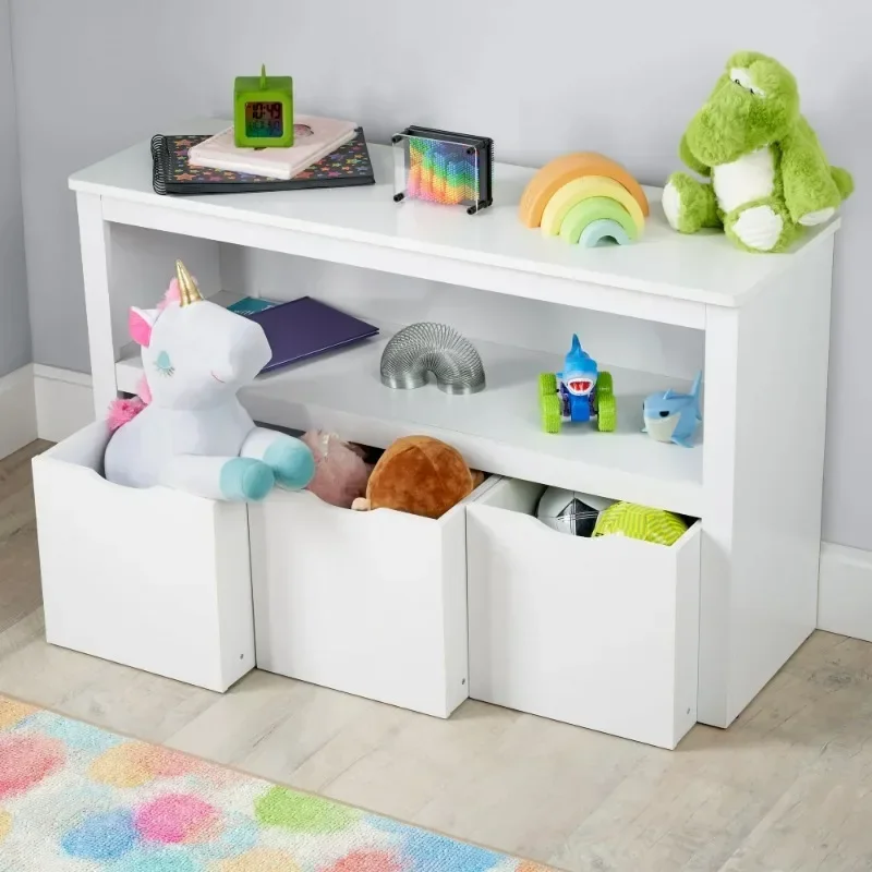 Kids Toy Storage Cabinet with Three Rolling Bins, White Finish,Rounded corners and smooth edges for safety