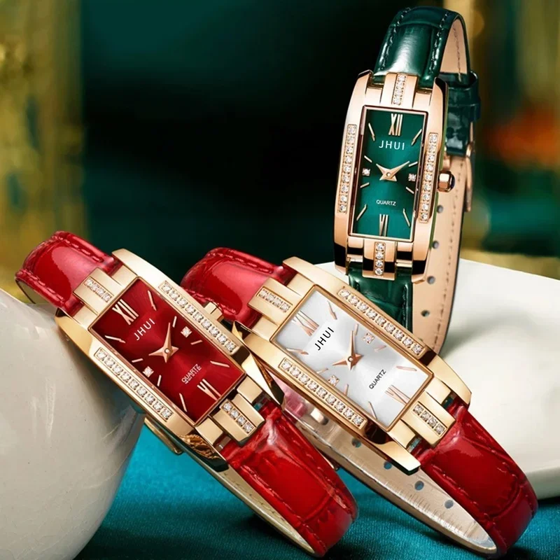 Luxo quadrado mulher relógio criativo vermelho verde pequeno mostrador diamante relógios para senhoras elegantes relógio de quartzo de couro