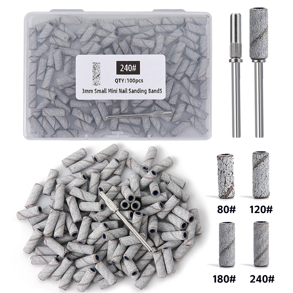 

3mm Nail Sanding Bands-80/120/180/240 Grit Mini Nail Drill Bit Electric Nail File Accessory Polishing Manicure Tool 50/100pcs