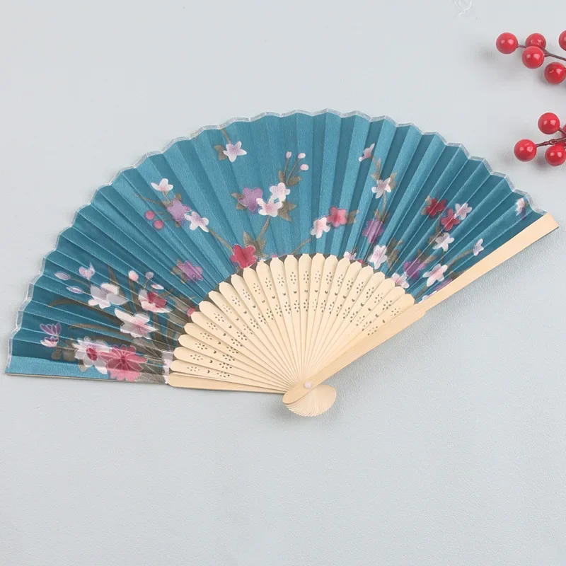 Chinês Japonês Seda Ventilador Dobrável, Retro Bambu Hand-Held Flor Fan