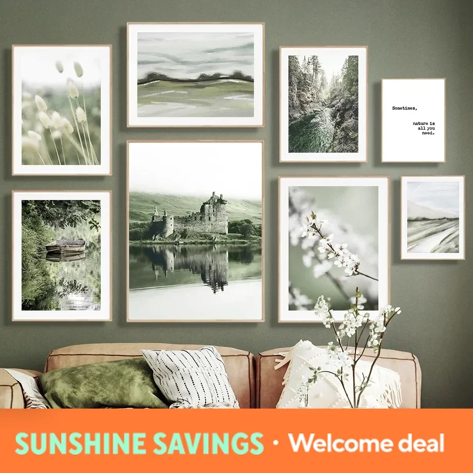 Mountain Lake River Landscape Picture Wall Art Canvas Painting Modern Green Leaf Flower Poster and Print Home Living Room Des