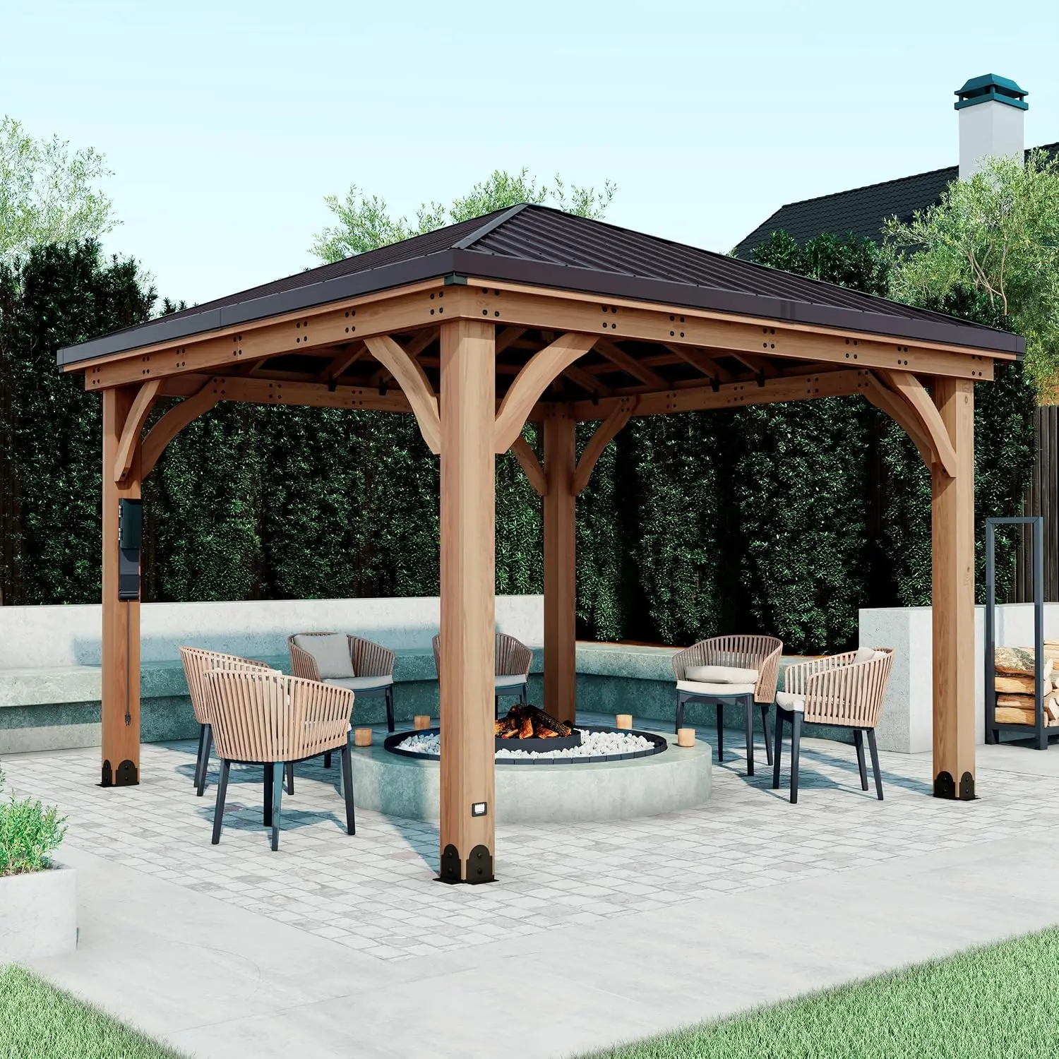 ^12' X 12' Cedar Wood Outdoor Gazebo Pavilion With Hardtop Galvanized Steel Hip Roof, Snow Support, Wind Resistance, Powerport