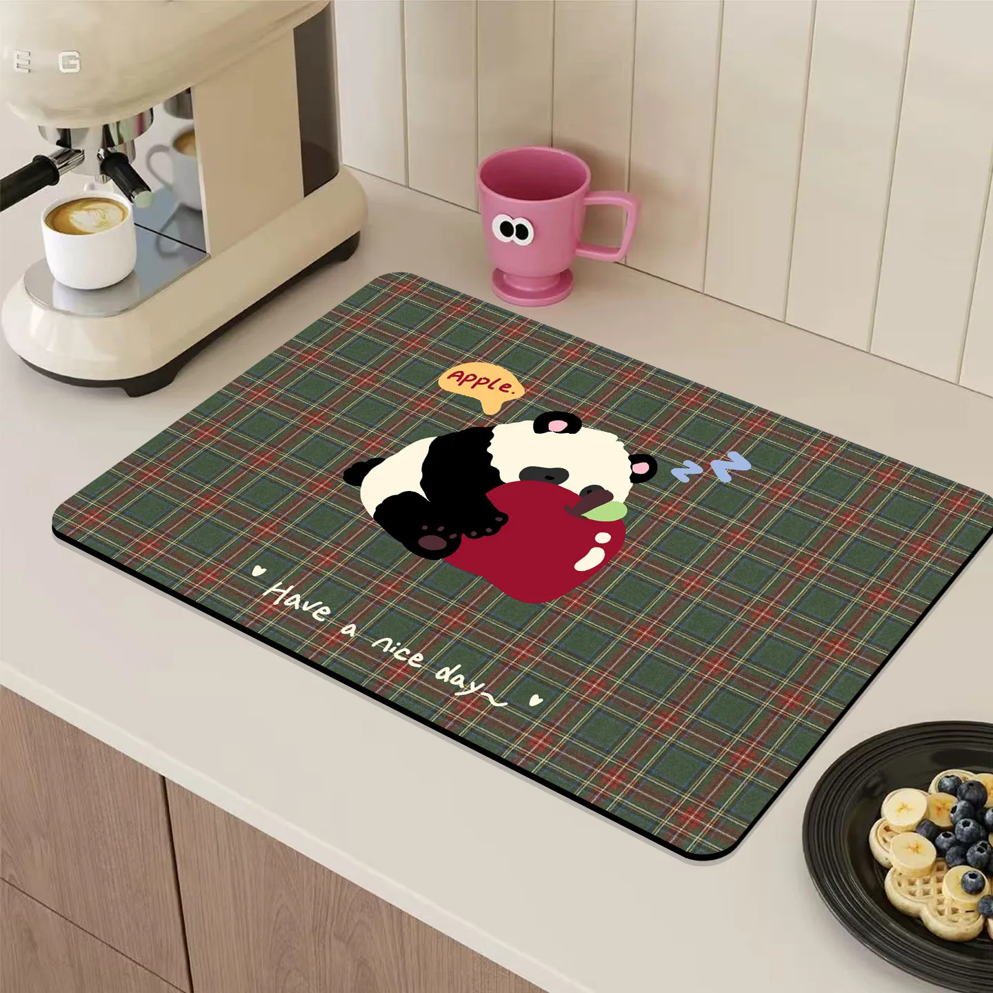 VIKAMA sleeping panda hugging apple kitchen decor mat green plaid vintage cute kitchen countertop absorbent non slip pad