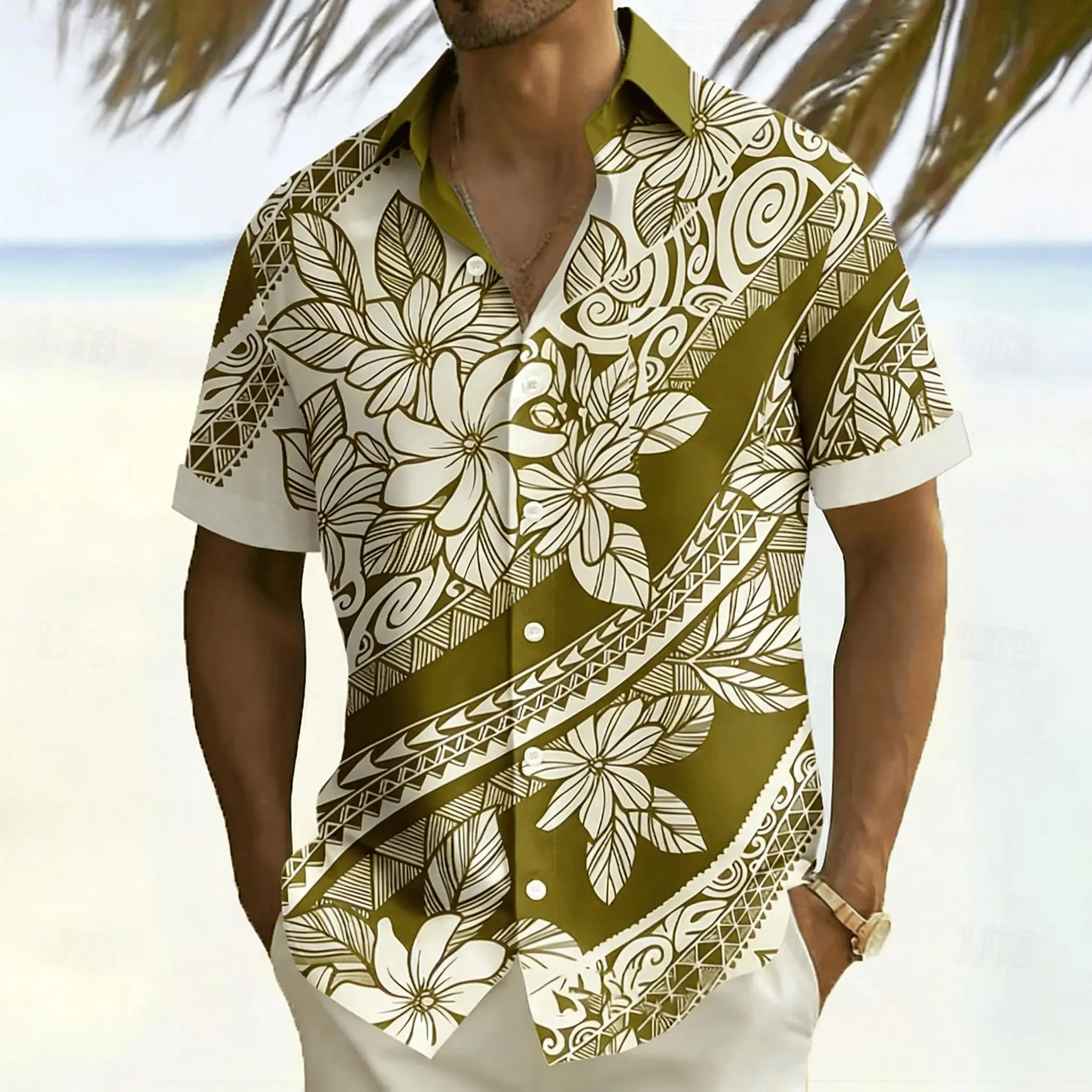 Men's Collision White Ethnic Style Floral Totem Shirt Retro Samoan Tribe Tropical Egg Flower Leaf Printed Wide Pine Flower Shirt