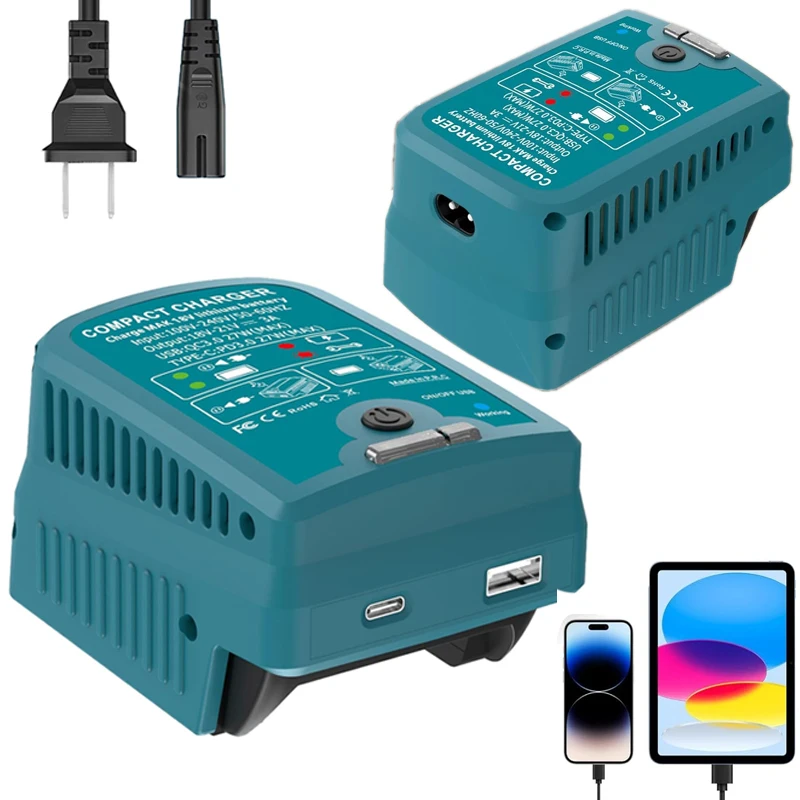 شاحن سريع محمول لبطارية ماكيتا 18 فولت BL1830 BL1850 BL1860 مع مخرج USB ونوع C 110 فولت 3A للتخييم والسفر
