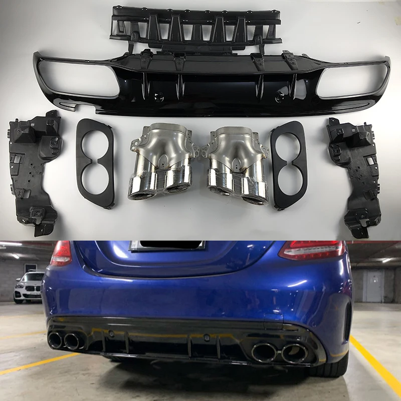 For Mercedes-Benz C-Class W205 C43 C63 Sedan Sport  2015 2016 2017 2018 2019 Rear Bumper Diffuser Lip with Exhaust Tips