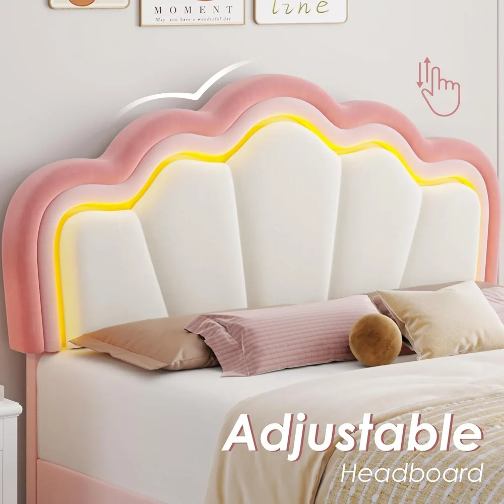 Hostack Volledig Gestoffeerd Led Bedframe Met Opbergladen, Schattig Meisjesbed Met Verstelbaar Lotushoofdeinde, Fluwelen Prinses