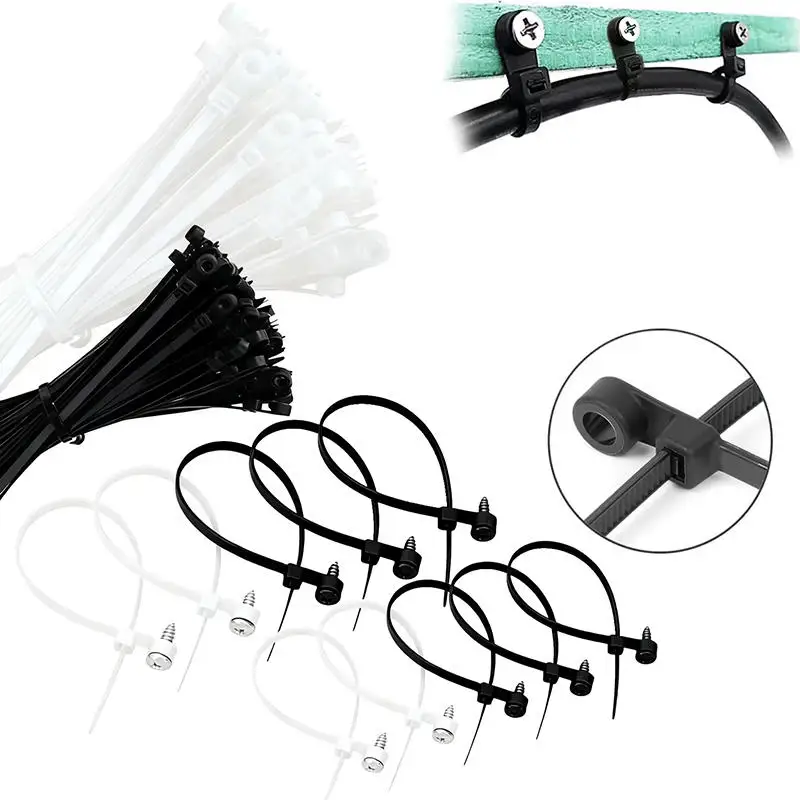 100/200Pcs Screw Hole Nylon Cable Ties Multipurpose Heavy Duty Adjustable Self-locking Cord Ties Organizer Straps Fastening Loop