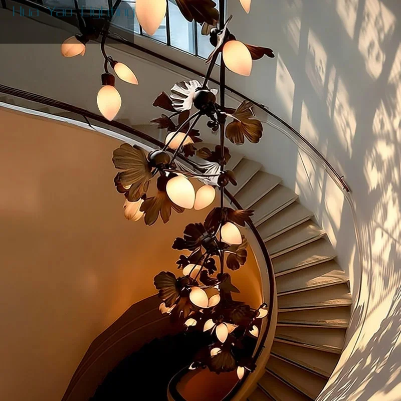 American Solid Brass Ginkgo Leaf Chandelier Designer Pendant Light For Villa Duplex Staircase Custom Decorative Light For Hotel