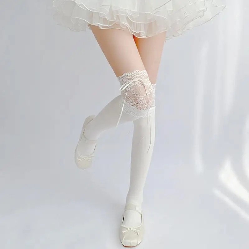 Ballet Style Over The Knee Socks Cute Lace Bow Design Girls Long Openwork Socks For School Uniform JK Style Cosplay Accessory