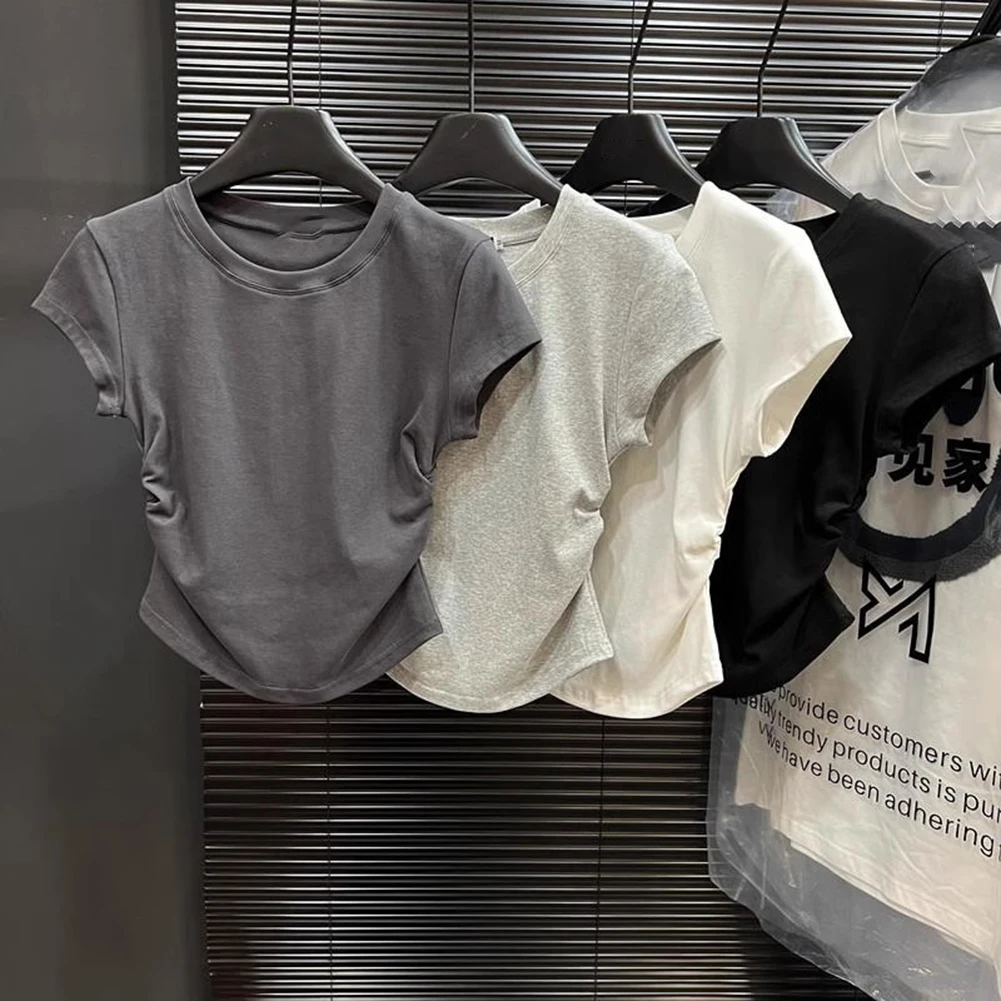 

Повседневная одежда Топ с короткими рукавами Полиэфирная ткань Обычная длина Сплошной цвет Дизайн Микроэластичность на все сезоны