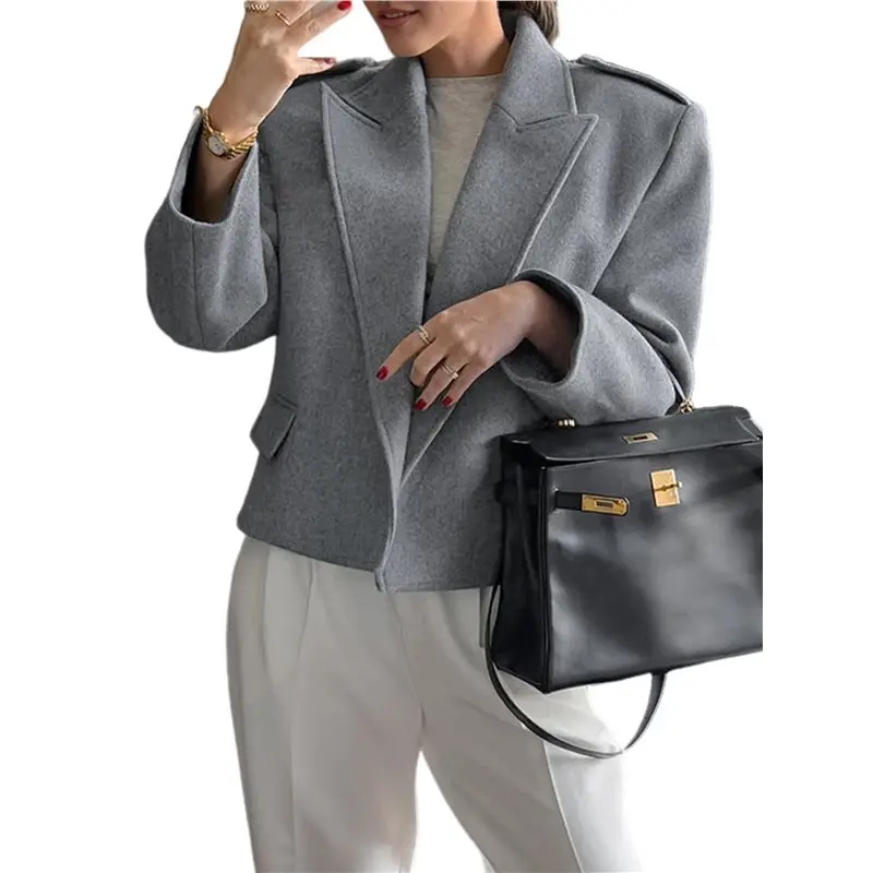 

A57E-Female Crop Pea Coat Wool Blend Office Work Lapel Collar Short Winter Jacket Trench Coat