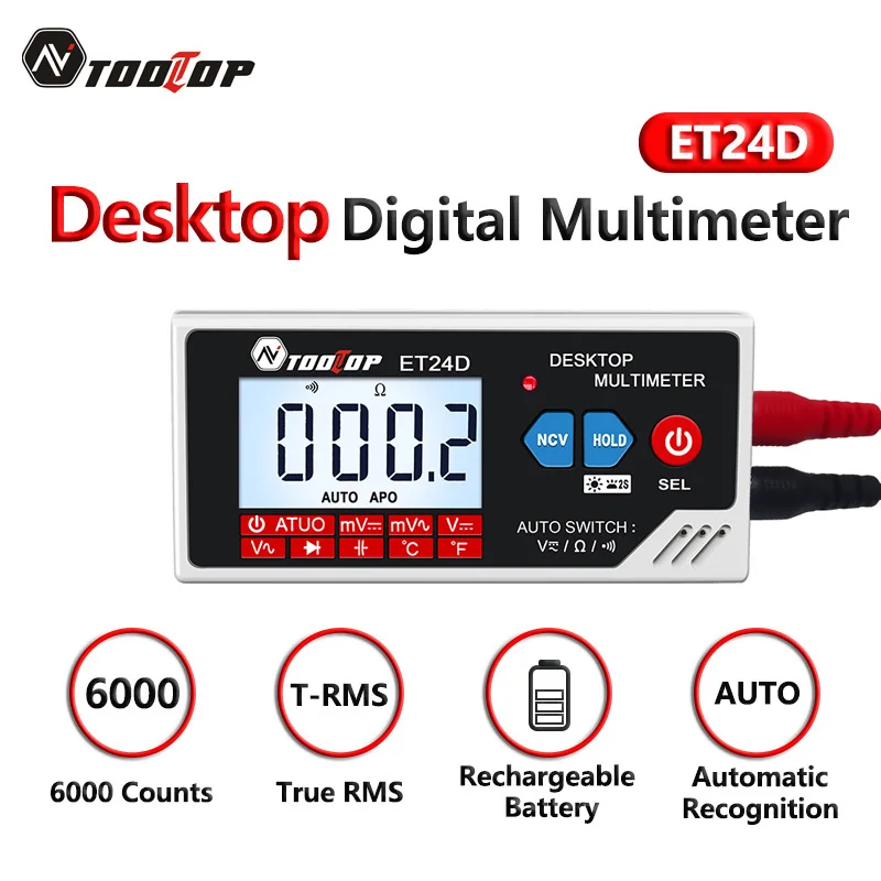 TOOLTOP ET24D 6000 Counts Digital Multimeter Smart Desktop Multimeter Auto Range Rechargeable Battery for PCB Circuit Testing