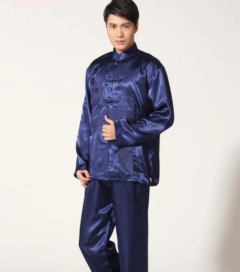 

Hot Sale New Chinese Style Men Silk Kung Fu Suit Pajamas Male Satin Embroidery Dragon Tang Suits Jacket Pants Sets Size M-XXL
