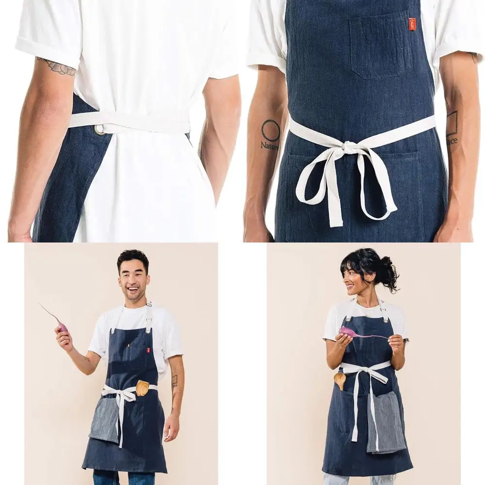 

Linen Cooking Apron with Pockets - Adjustable for Men & Women, Ideal for Chefs, Servers, Baristas (Navy)