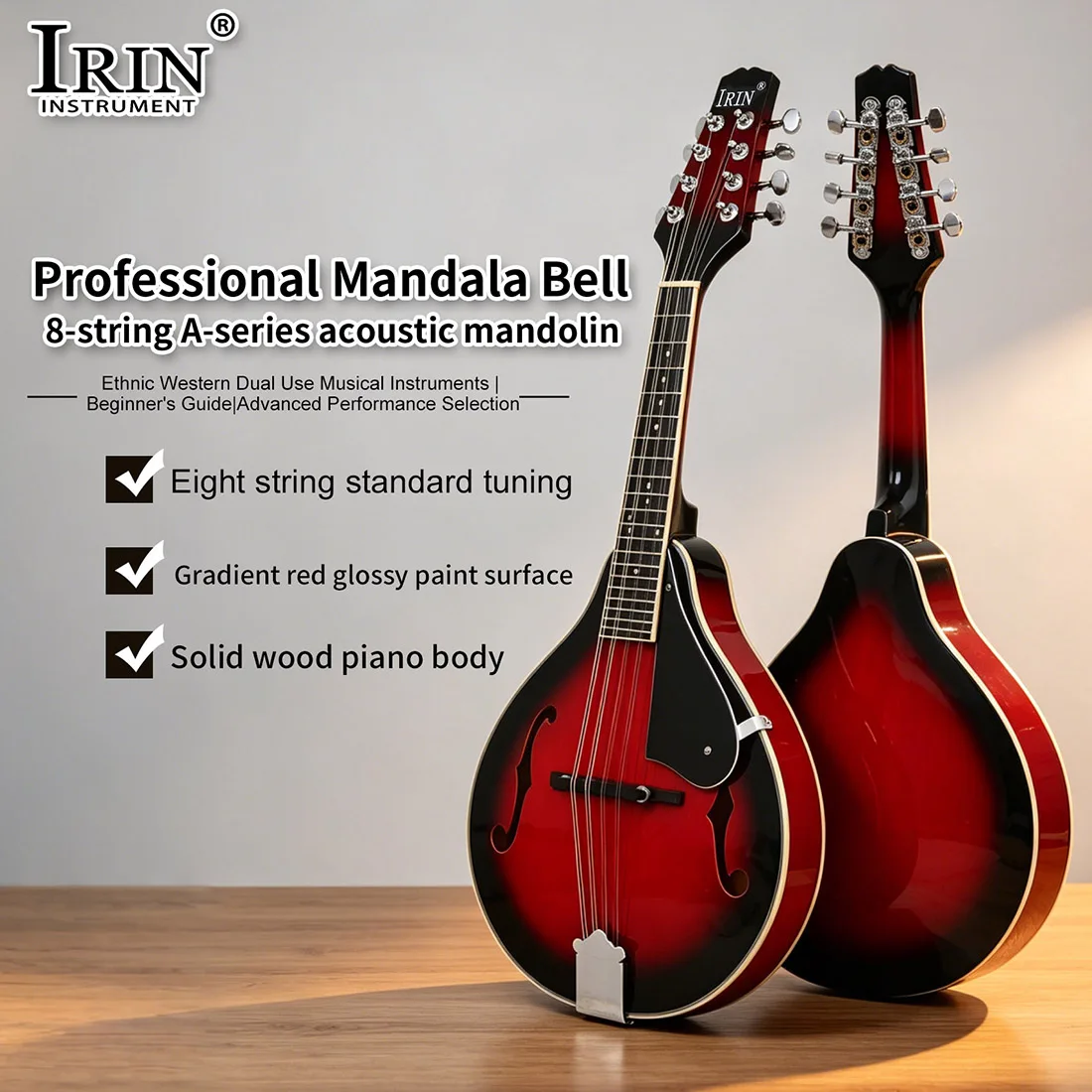 8 String Mandolin Guitar Spruce Wood Top Sapele Body with High Gloss Red&Black Folk Musical Instrument for Beginner Performance