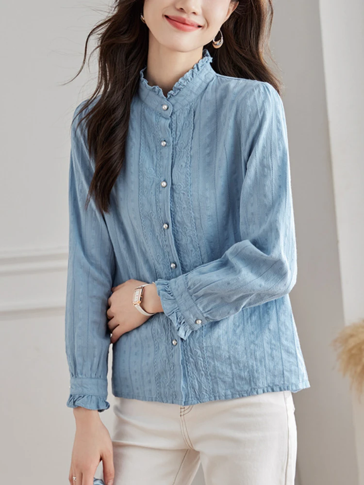 女性用スタンドアップカラーブラウス,長袖トップス,カジュアルシャツ,抵抗力のある服,春と秋