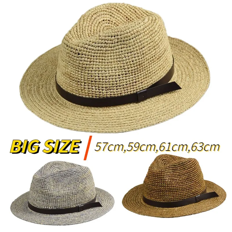 Men Big Size 63cm Raffia Straw Hat Large Headcircumference Summer Sunscreen Sun Hats Outdoor Vacation Sunshade Beach Hat Panama