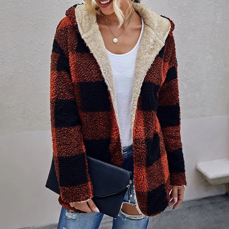 New Winter Plaid Thick Warm Jacket Parkas Women Lambswool Cotton Padded Coat Female 2023 Autumn Fashion Ladies Casual Coats Red