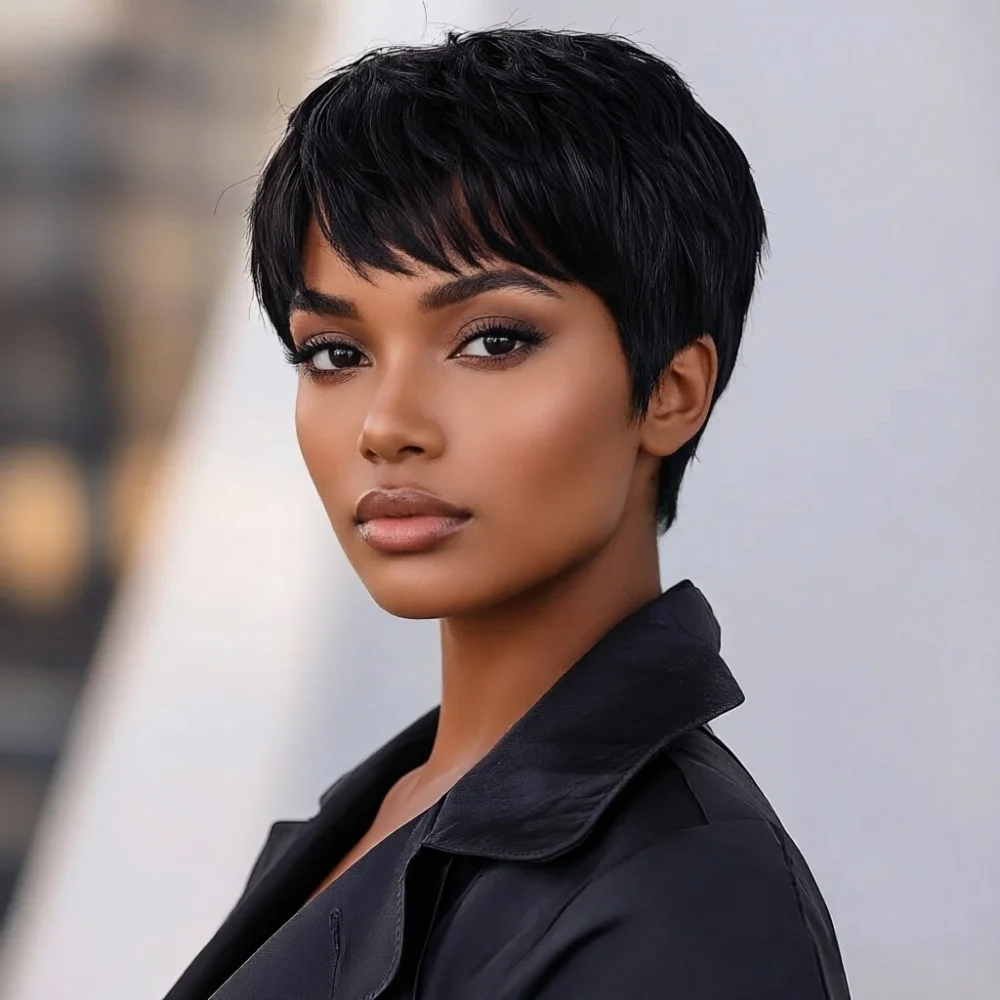 Women's Short Pixie Straight Human Hair Wig with Bangs Natural Look Full Machine-Made Wig for Easy Styling