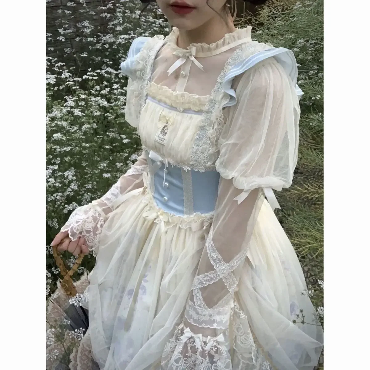 

Lolita Dress JSK Fairy Full Fall/Winter Dream Doll Bow Lace Ruffled Kawaii Princess Dress Purple Blue