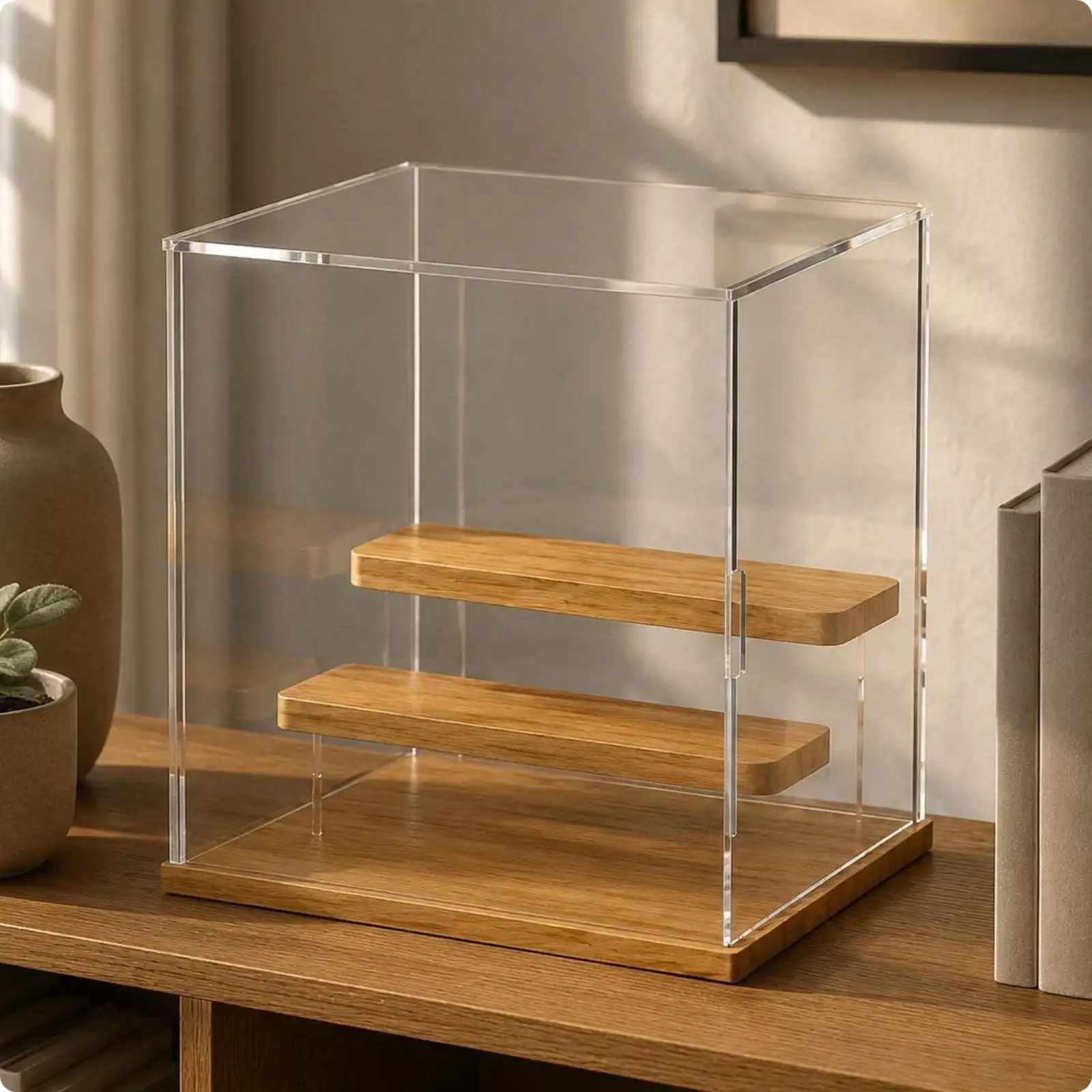 Acrylic Display Case Wooden Shelves Stepped Shelf Display Case Dust Protection Collectible Showcase