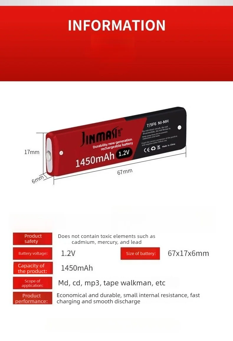Chewing gum rod battery 1.2V 1450mAh NI-MH Rechargeable battery for Portable CD MD Player MP3/MP4 Air Pods Headset Battery